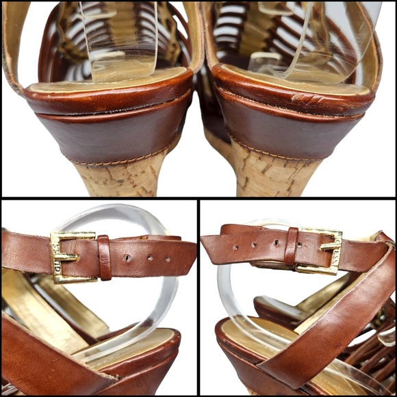 Guess Shoes 6.5 Y2k Vintage Brown Wedge Platform Gladiator Ankle Strap Heels - Picture 8 of 10